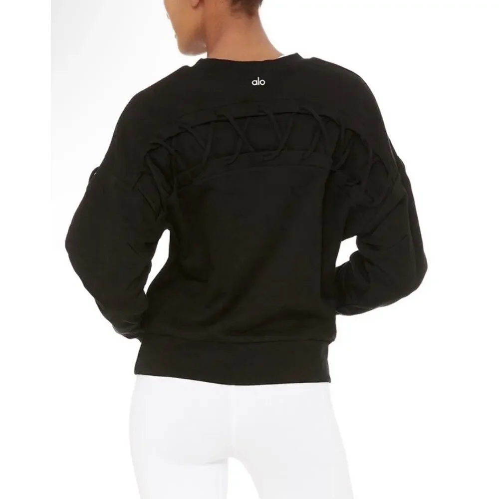 Alo Yoga Hookup Lace Up Black Sweatshirt Lattice Back & Sleeves Size M*